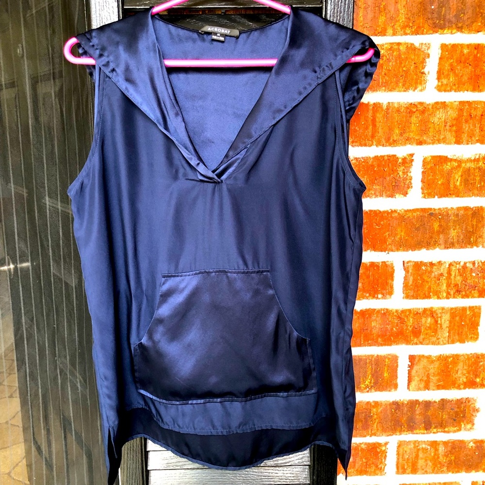 Luxury Blue silk satin Acrobat beacon sleeveless Blouse hoodie Size M